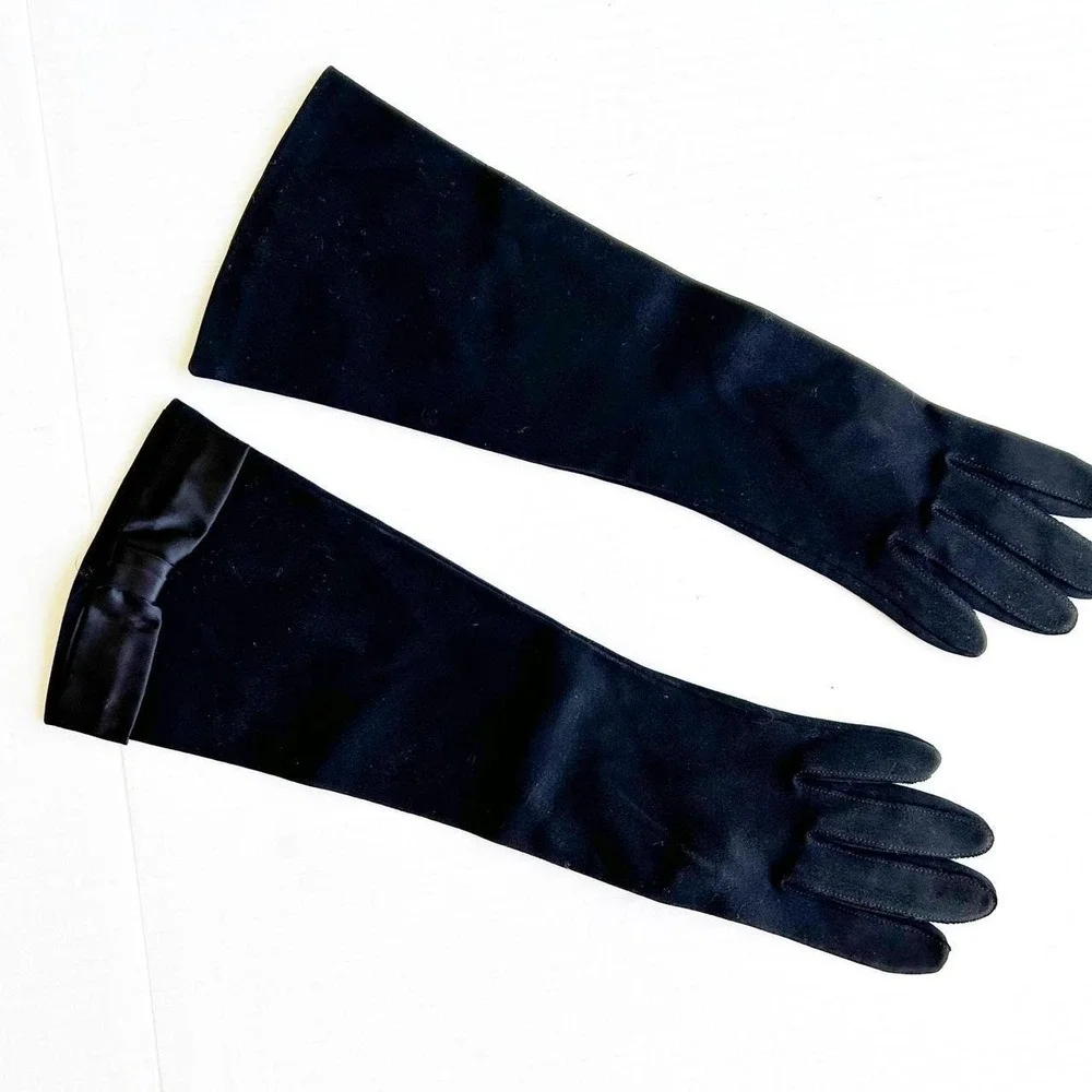 Vintage 1960's Long Black Satin Hansen Bow Gloves Mid Century Bombshell 6 1/2